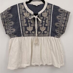 THML Embroidered Boho Babydoll Peplum Top XS